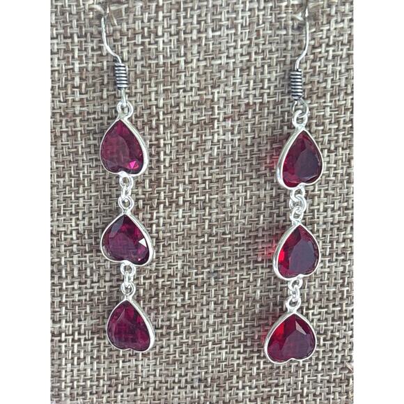 925 Sterling Garnet Dangle Heart  Earrings - Picture 2 of 5